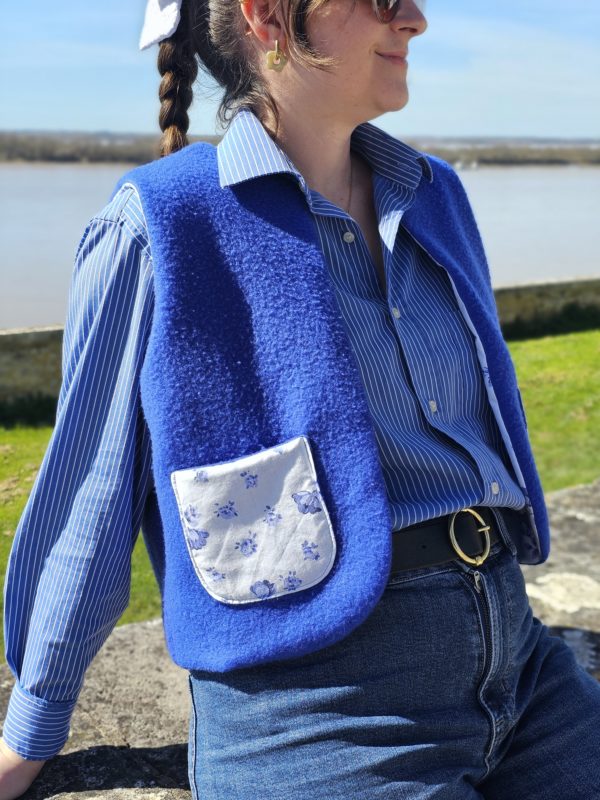 Gilet réversible - Coloris bleu cobalt & tissu fleuri - Taille unique