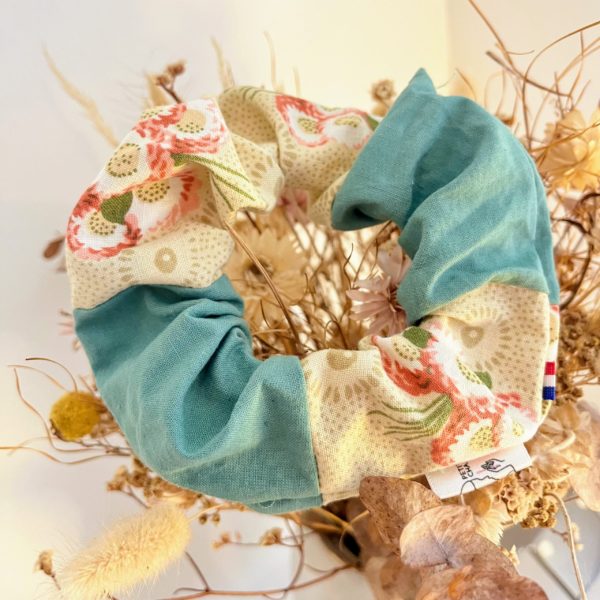 Chouchou Patchwork Vert Uni / Fleurs beige rose – Image 2