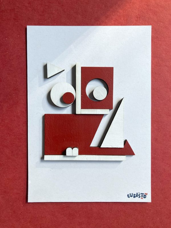 Tableau en mosaïque de contreplaqué blanche et rouge.